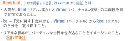 uRevirtualviIHC񏥂鑢ARe+Virtual njƂ́AElԂARealiA=݁jVirtualio[`=zj̓ʐ݂ł邱ƁBERe-=uɖ߂vӖAVirtualio[`jRealiAj̎@߂ƁBEAȐEAo[`ȐEݍނƂC[WƁBiRevirtualj